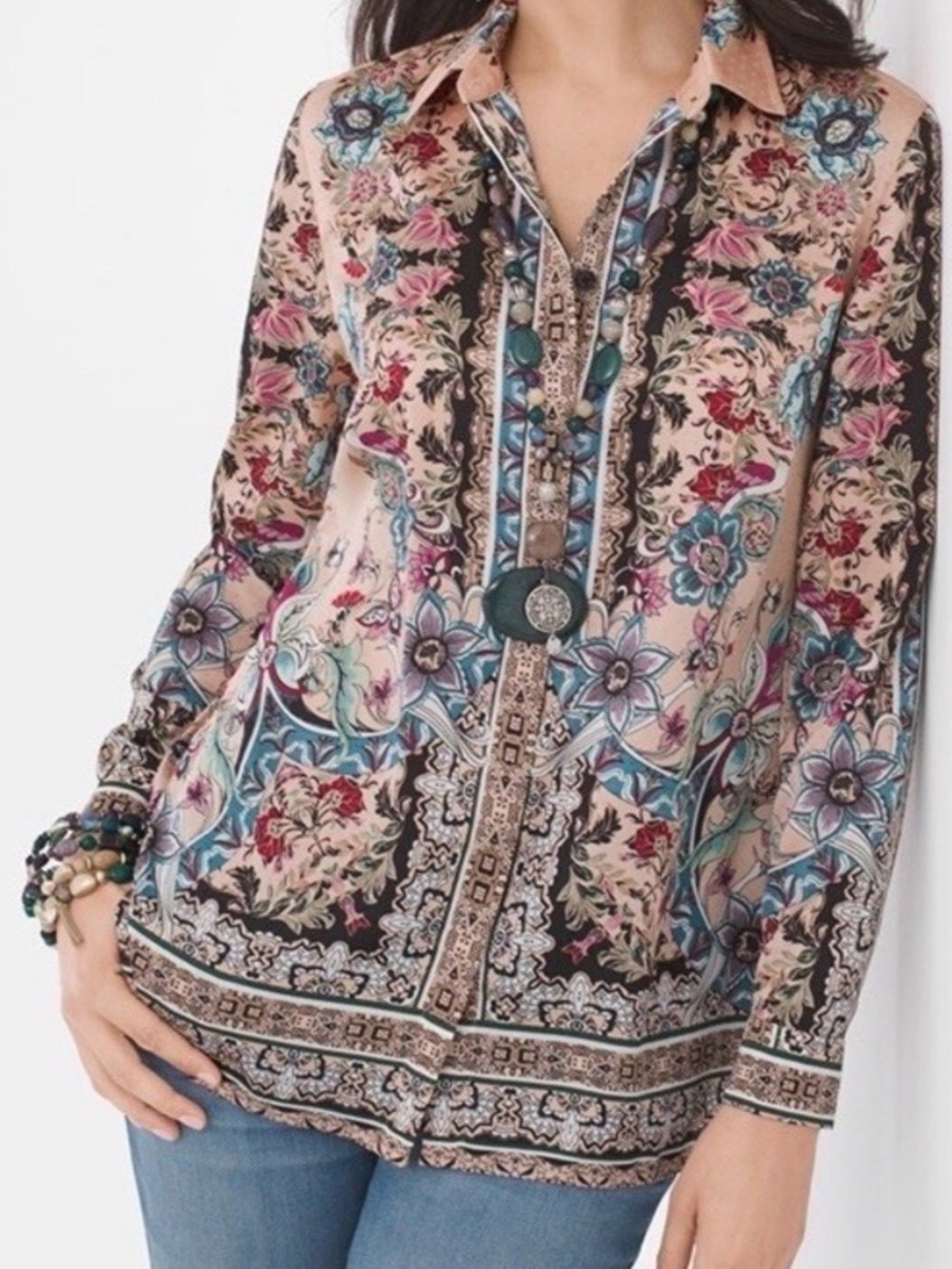 Chicos Size 2 Large Floral Scrolls Print Long Sleeves Button Up Shirt Multicolor